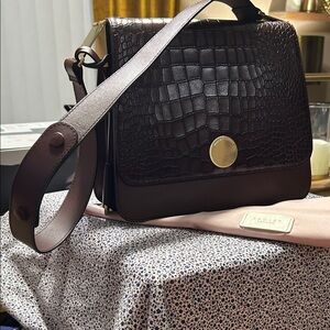 Brown Croc-Effect Leather Shoulder Bag with  pink dust bag cover